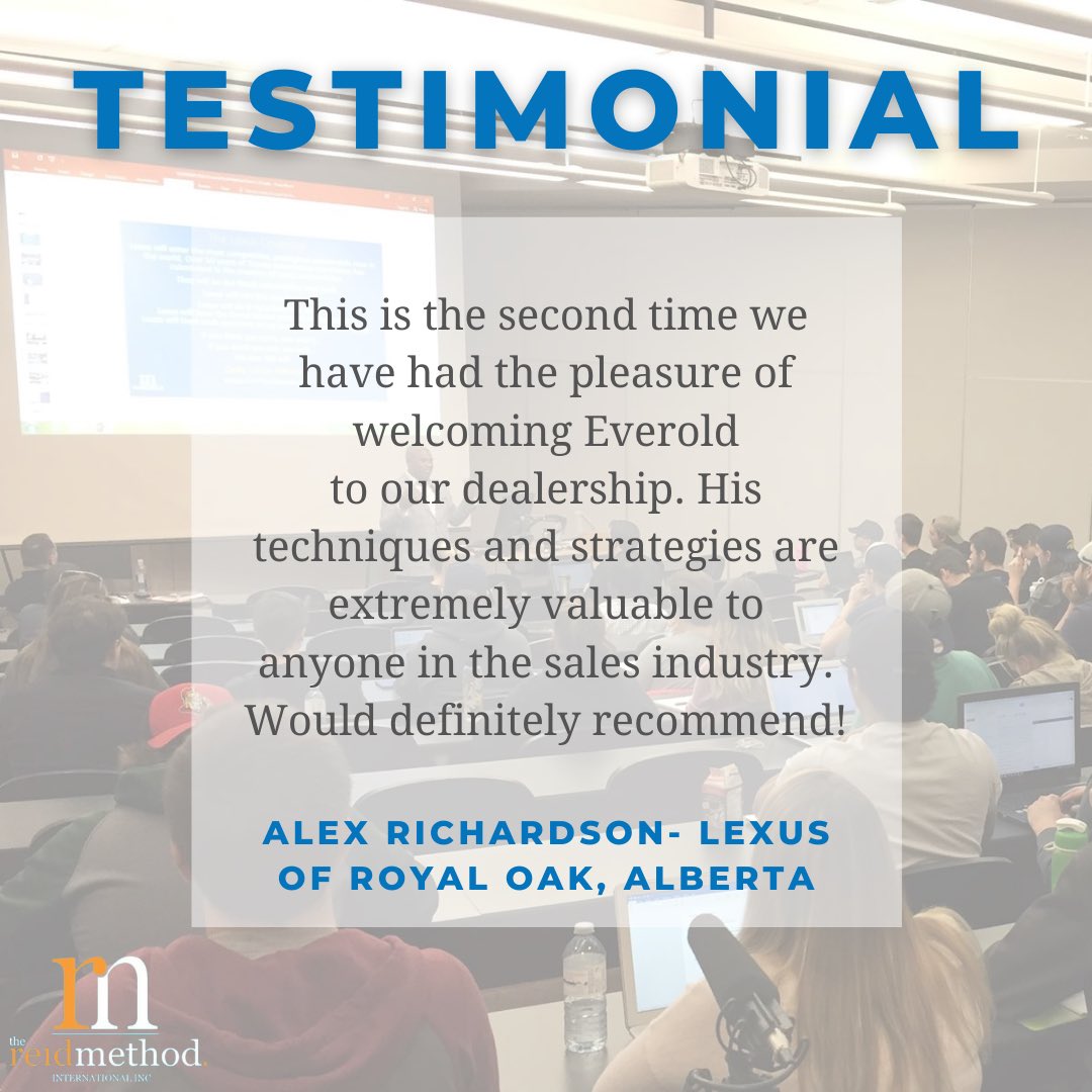 TheReidMethod's tweet photo. I always appreciate each and every piece of feedback that is sent to me ๐๐ปIt has always been such a pleasure at Lexus Royal Oak ๐๐ป
Teaching the strategies from #TheReidMethod is always so rewarding and I hope it is something I can do soon! #SalesTraining #SuccessHabits https://t.co/y7oWHzWVIx