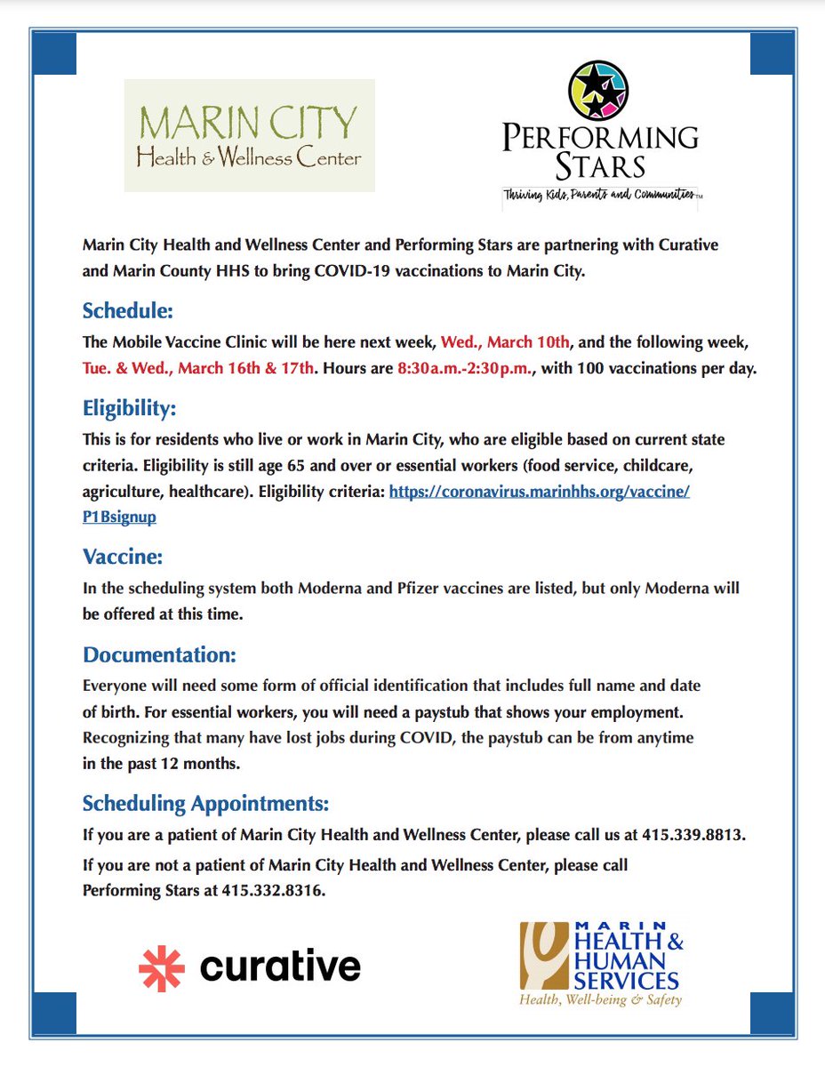 DrGSMCSD's tweet photo. Marin City Health and Wellness Center and @PerformingStars are partnering with Curative and Marin County HHS to bring COVID-19 vaccinations to Marin City.
See all the details below!
#smcsd #marincity #sausalito #covidvacccine #mobileclinic https://t.co/GABDgnXcup