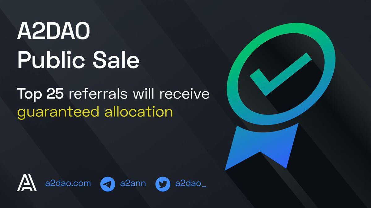 Dear friends, the top 25 most referrals will receive a guaranteed allocation to the upcoming A2DAO Public Sale!
We received many registrations through t.me/a2_dao_bot and increased the cap from $25,000 to $ 50,000.
That means our registration is still open! Good luck!
