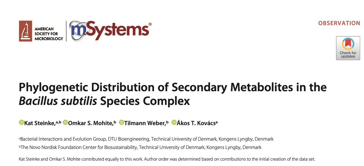 EvolvedBiofilm's tweet photo. Our @cemist_dtu paper by @Katistrophe, @omkarmohite310 and @tilmweber is out now in @mSystemsJ 

Phylogenetic Distribution of Secondary Metabolites in the Bacillus subtilis Species Complex

- funded by @GrundforskFond

#secondarymetabolites #Bacilli

https://t.co/xMTDA8c3MH https://t.co/5lwnWX43x5