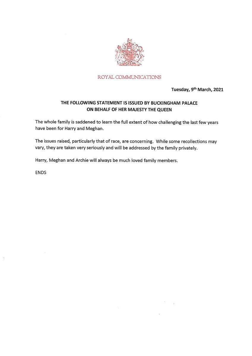 RoyalDickie's tweet photo. Two days after #HarryandMeghanOprah interview with  Buckingham Palace has issued a sixty word statement - it's spot on, says exactly how they will handle it with no need for interpretation. Three words standout "very seriously" and "privately." https://t.co/NdThSlqBrt