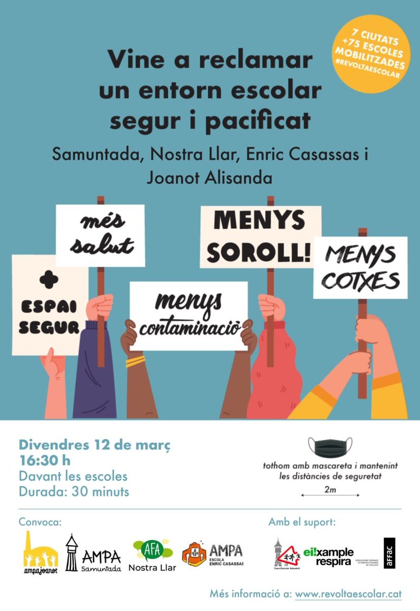 I aquest divendres hi tornem! 

🗓️Divendres 12 de març
🕟16:30h
📌Escoles Nostra Llar, Samuntada, Enric Casassas i Joanot Alisanda

Per uns entorns escolars pacificats i saludables
 
#RevoltaEscolar
#RecuperemElsCarrers