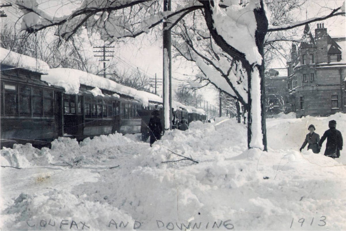 denverpost's tweet photo. Check out these historic photos from the aftermath of Denver's largest snowstorm in 1913. The five-day storm buried Denver in 45.7 inches of snow. https://t.co/fnEl6EVh8x https://t.co/sQBd5xV2SI
