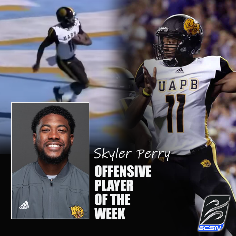 Congratulations to QB Skyler Perry (@UAPBFootball_) our #HBCUFB National Offensive Player of the Week!

Skyler led UAPB to a season-opening road win against Southern (first since 2012).  He was 22-37, 223 yards, 2 TDs and rushed 8x for 64 yards and 2 TDs.

<a href="/UAPBLionsRoar/">𝐆𝐨𝐥𝐝𝐞𝐧 𝐋𝐢𝐨𝐧𝐬 𝐀𝐭𝐡𝐥𝐞𝐭𝐢𝐜𝐬</a> <a href="/theswac/">Southwestern Athletic Conference</a>
