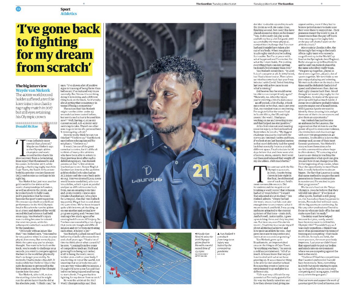 What a journey new Laureus Ambassador <a href="/WaydeDreamer/">Wayde van Niekerk</a> has been on. He spoke to <a href="/donaldgmcrae/">Donald McRae</a> about coming back from a terrible injury, breaking records, growing up in Kraaifontein and inspiring the next generation though <a href="/LaureusSport/">Laureus</a>. #SportForGood 🇿🇦

📰 - theguardian.com/sport/2021/mar…