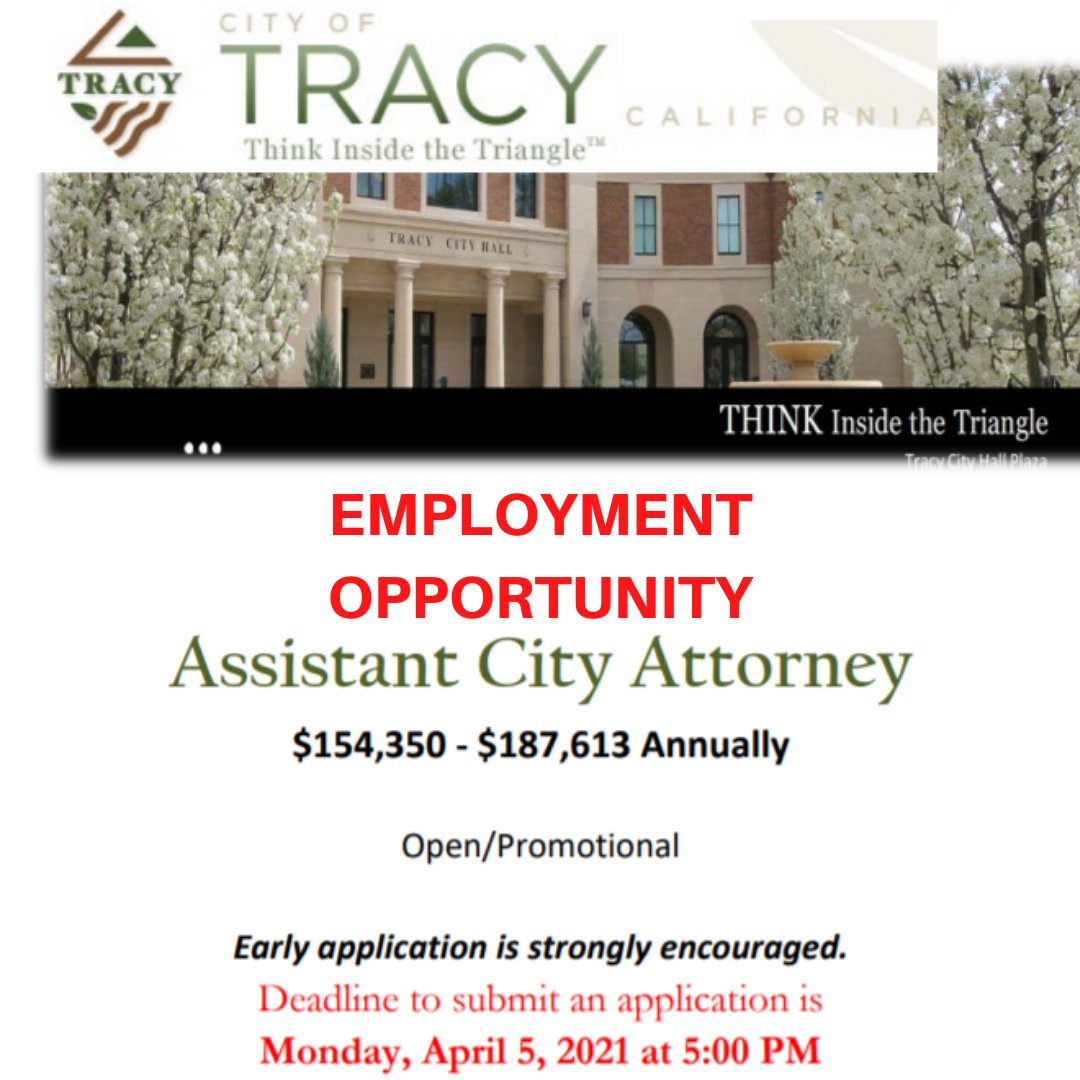 cityoftracy's tweet image. New and exciting #EmploymentOpportunities are always just around the corner #InsideTheTriangle!

COT currently has an opening for the position of Assistant City Attorney (bit.ly/3v9u14g). The final closing date is 4.5.21.
Visit agency.governmentjobs.com/tracyca/defaul… to apply.