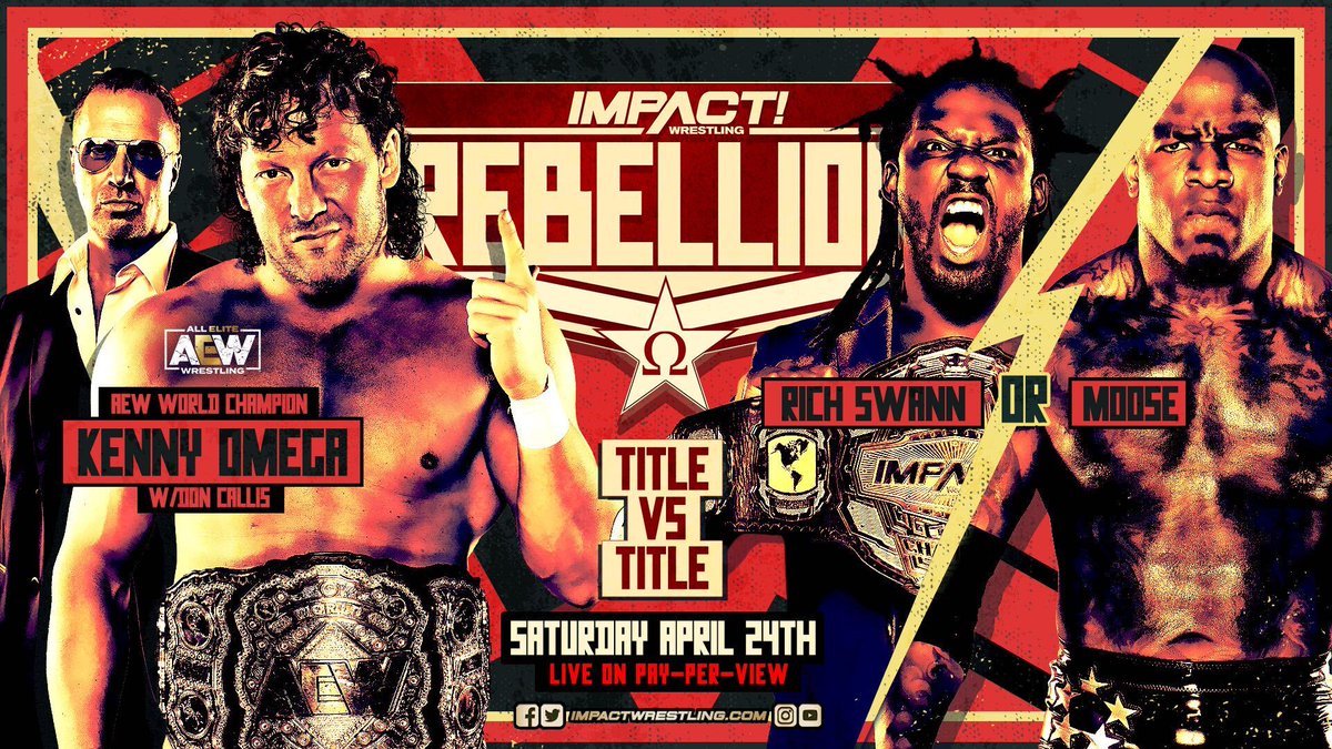 BREAKING: The winner of <a href="/TheMooseNation/">MOOSE™️</a> vs. <a href="/GottaGetSwann/">Rich Swann</a> at #Sacrifice THIS SATURDAY will face <a href="/AEW/">All Elite Wrestling</a> World Champion <a href="/KennyOmegamanX/">Kenny Omega</a> in a TITLE vs TITLE match at #IMPACTRebellion on April 24th! 

ORDER HERE: impac.tw/Rebellion