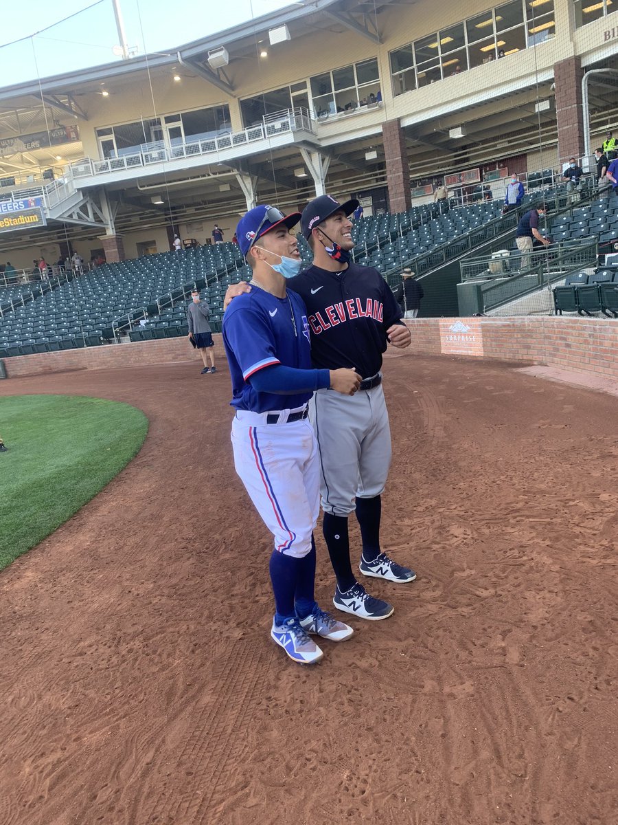 Cody &amp; Tyler Freeman before today's game. Cody Freeman was in the Rangers bullpen when older brother Tyler hit his HR in the 9th inning today. The younger Freeman is in camp with the Rangers making the transition from middle infielder to catcher.