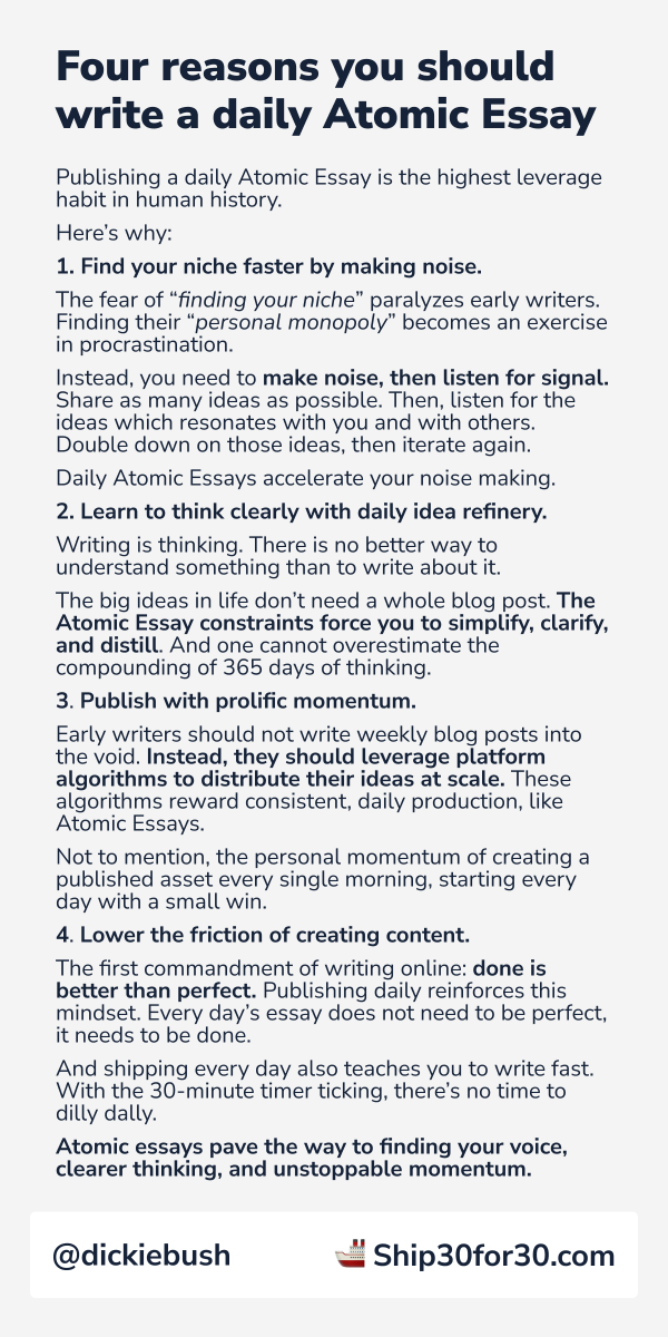 Now your writing flywheel starts to spin.You can go from writing tweets to writing short, Atomic Essays.• One single idea• Under 250 words• Fits into a single iPhone screenshotAgain, we make it easy to keep publishing until we& #39;ve built unmatched consistency.