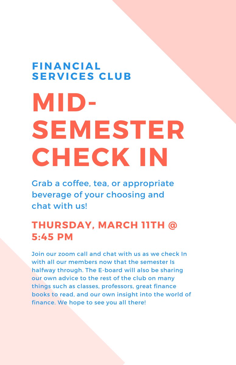 FSCWMU's tweet image. As always, our meeting is Thursday, March 11th at 5:45 pm. However, we are doing a mid-semester check in with all of our members! We will be discussing advice on all things finance! 
Zoom Link: zoom.us/j/95896604976?… 
Meeting ID: 958 9660 4976
Passcode: D0k3Qv