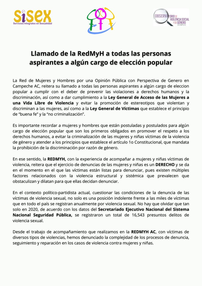 RedMYH's tweet photo. ⚠️ En el marco del Día Internacional de la Mujer, desde la #RedMyH hacemos un llamado a todas las personas aspirantes a algún cargo de elección popular. ⚠️ https://t.co/r4qcuR2gU4