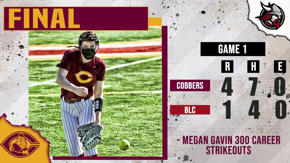 COBBS WIN! COBBS WIN! 
- Cobber softball beats Bethany Lutheran 4-1 in Game 1
- Megan Gavin K's 12 to surpass the 300K milestone!
- Val Kolstad is 2-for-3
- Molly Wilde has 2 RBI
- Game 2 at 3:05 w/ live video &amp; stats
#RollCobbs🌽

Live Links: bit.ly/2NrvEZB