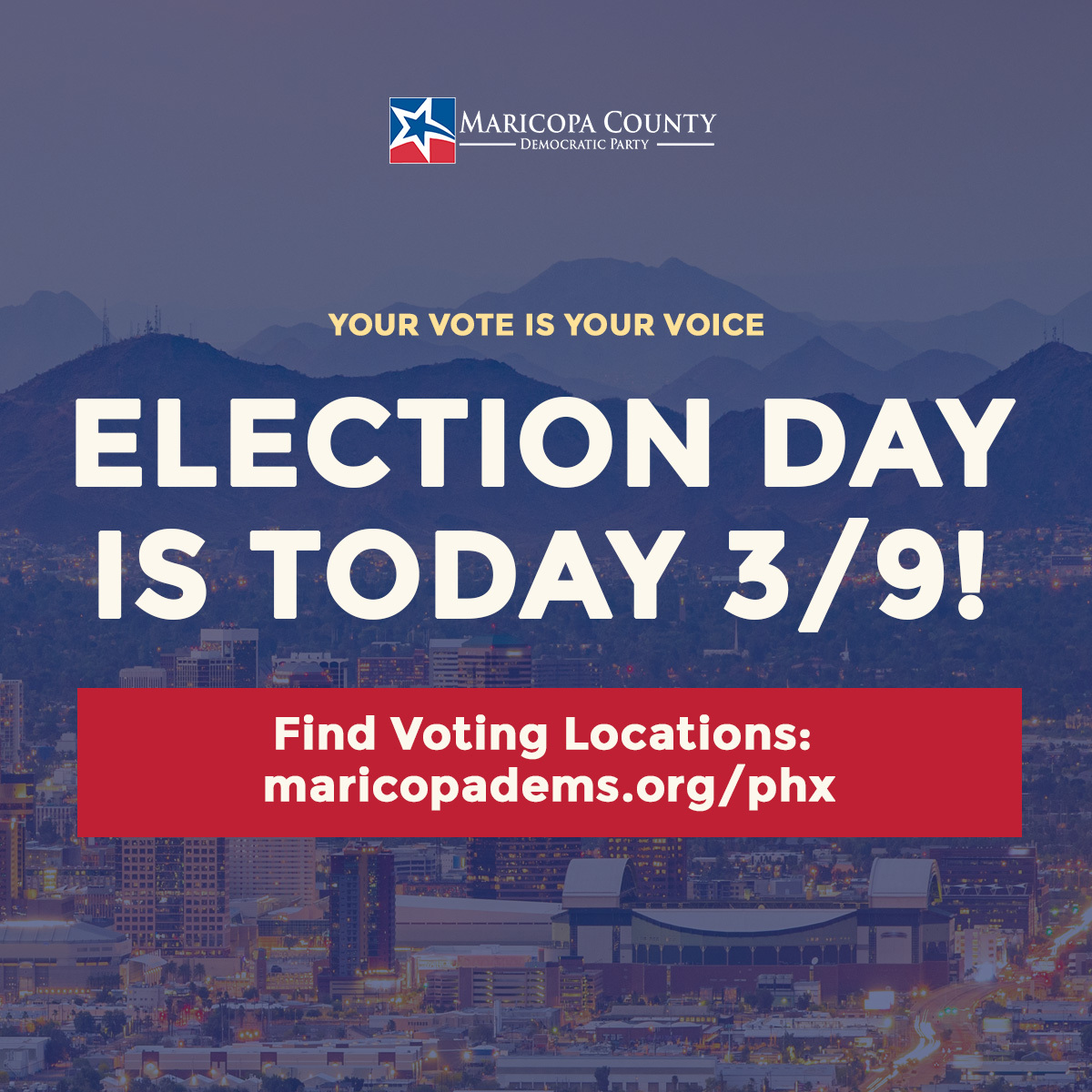 MaricopaDems's tweet photo. It's Election Day in @CityofPhoenixAZ Council District 3 and District 7!

To find voting information including your nearest voting location, visit https://t.co/Cj4PrXrlhz!

#LocalRacesMatter https://t.co/Shb5O1MjCb