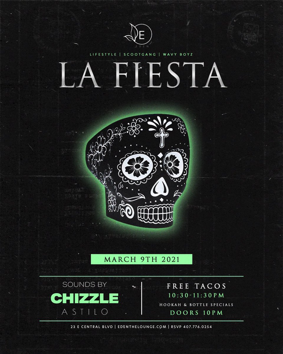 “As for us and our house we, we will serve the tacos” - Salsa 24:7

La Fiesta beings tonight at the garden for the only Taco Tuesday you need in your life. 

Doors 10PM

Reservations: 🍎 407.776.0254 🐍

#Eden #EdenTheLounge #EvesOfEden #Tuesday