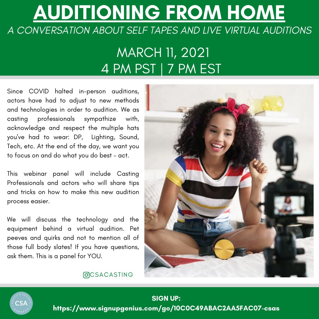 csacasting's tweet photo. This Thurs at 4pm PST, 7pm EST we invite you to our panel all about Auditioning from Home. We’ll go over #sefltapes & live virtual auditions. Sign up at https://t.co/XeTUYDXE6B https://t.co/I1uIDJlVZE