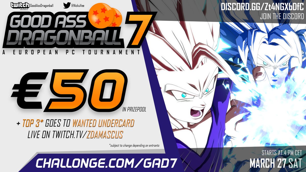 NickVissersCom's tweet image. 🍑GOOD ASS DRAGONBALL 7🍑
27th of march, 16:00 CET

SIGN UP: challonge.com/GAD7
DISCORD: discord.gg/Zt4NGXbDfC
STREAM: twitch.tv/goodassdragonb…

Help raise the prizepool to € 75 FOR FREE!! Go to matcherino.com/t/gad7/ and use code GAD7 to add € 0,50 to the prizepool!!