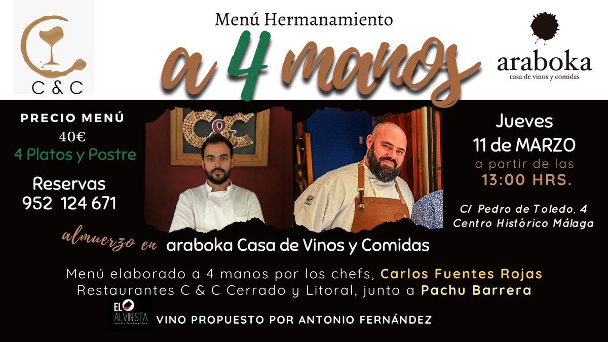 Vuelven los Menús a 4 Manos a partir de este jueves 11/03. 
•👨🏻‍🍳 chef invitado: Carlos Fuentes Rojas socio y Jefe de Cocina de los Restaurantes C&amp;C 
Del maridaje se ocupa Antonio Fernández.
¡Os esperamos!🥂