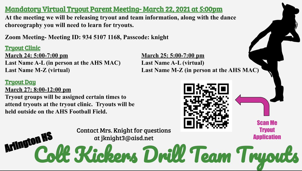 If you are interested in being a Colt Kicker next year, please  make sure you pay close attention to the information listed in this flyer!! The link to the tryout application is in our bio; we hope to see many of you there!! Kick ‘Em 💚🤍