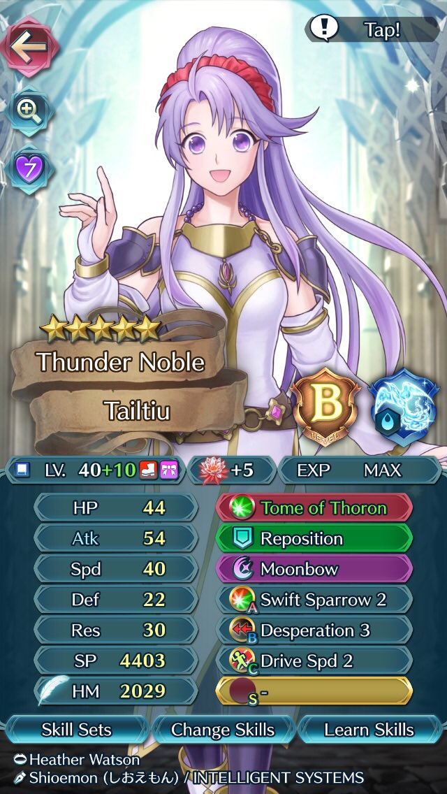 The newest member of the +10 club, Tailtiu the Thunder Noble!

Need to update her A and C skills, and finish her Support rank; but she’s doing well.

#feh #feheroes #FireEmblemHeroes #summonerkatze #plustenclub #tailtiu #fireemblemgeneologyoftheholywar