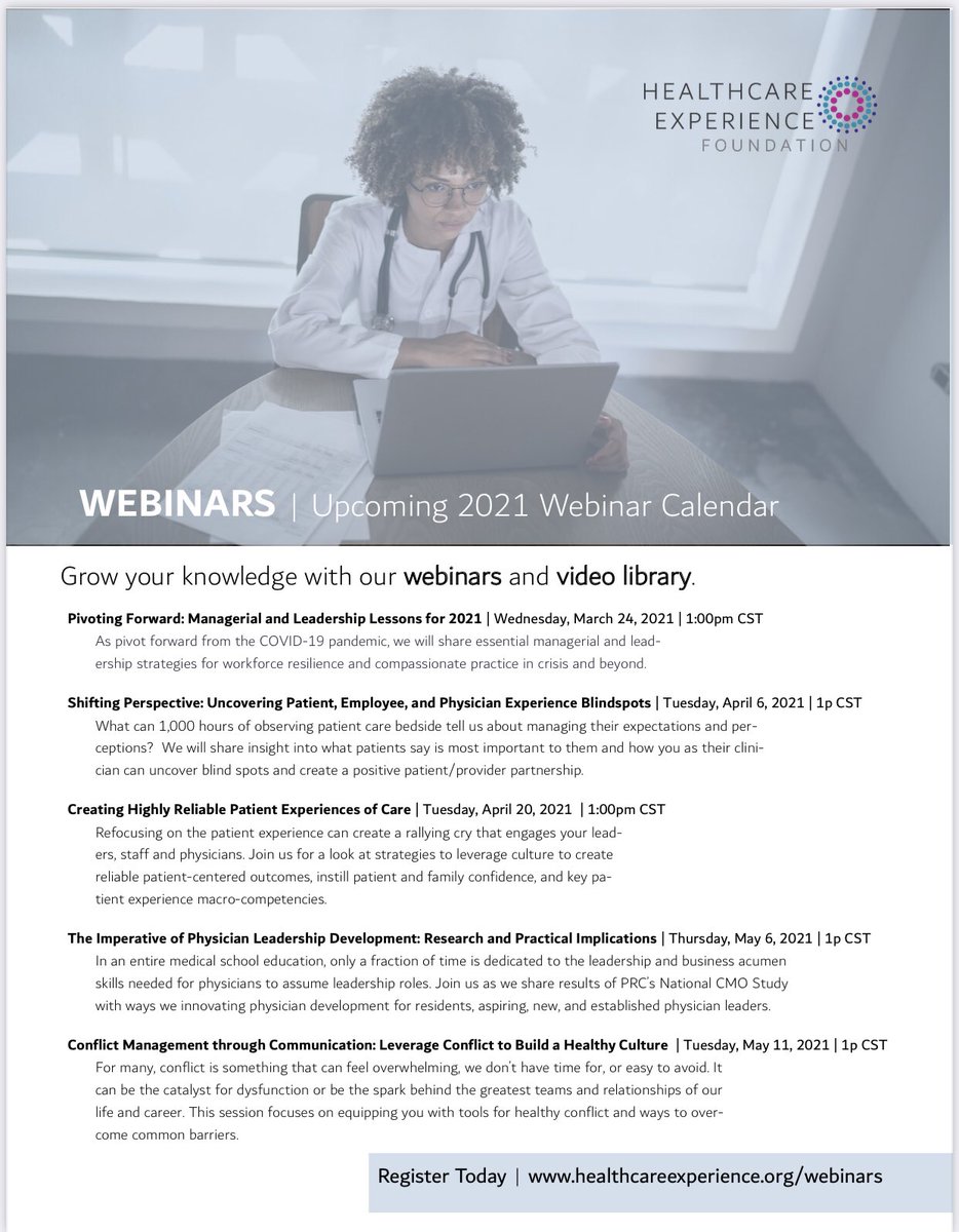 Excited to share <a href="/HXFoundation/">HealthcareExperience</a> 2021 complimentary learning events. Join us for inspiration &amp; practical take always to advance your development. Register@ healthcareexperience.org/webinars

#patientexperience 
#excellenceaccelerator
#heathcareleadership 
#physicianengagement 
<a href="/theHXAcademy/">Healthcare Experience Academy</a>
