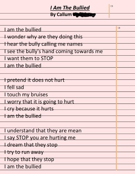 missmaxim2's tweet photo. My friends put themselves in the shoes of either the Bully, Bullied, or Bystander to write a poem for Pink Shirt Day a few weeks ago. I am beyond proud of what they wrote. (1/2) https://t.co/siBCrtIdLk