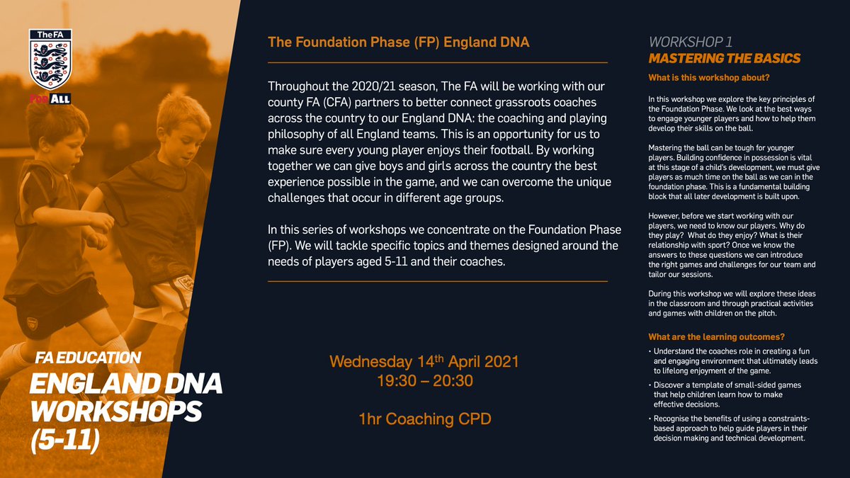 Join us for our first Coaching CPD session delivered remotely with FA Education ⚽️

🤔  England DNA Foundation Phase (5-11): Mastering the Basics
🗓️  14 April
⏰  19:30
✅  1hr CPD

🔗  buff.ly/3sYkhIc
