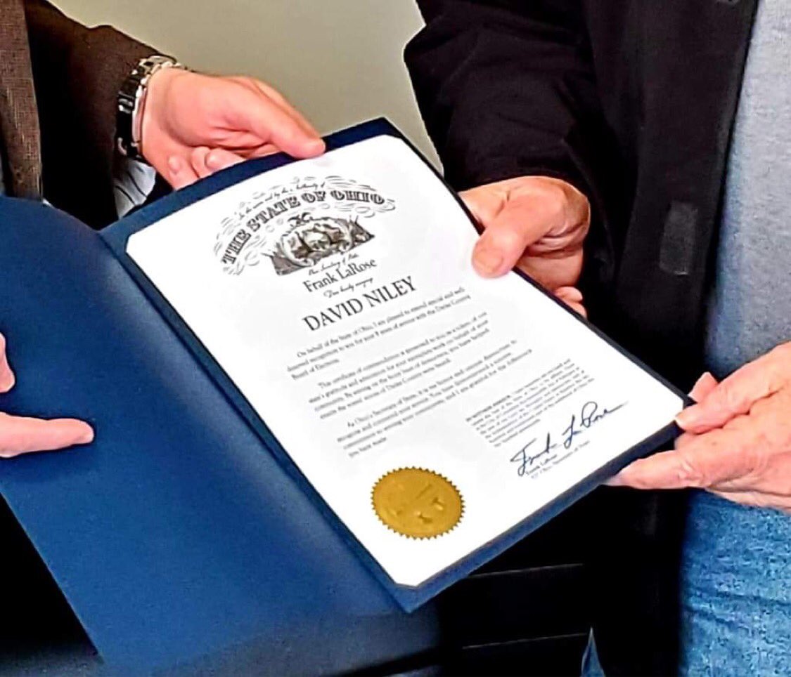 Retired <a href="/DarkeCounty/">Darke County</a> BOE Member Dave Niley was recognized by #OHSOSLaRose🗳 <a href="/FrankLaRose/">Frank LaRose</a> for his 8 years of service to the BOE. Dave- can’t wait to see you at the GREAT <a href="/DarkeCountyFair/">Darke County Fair</a> this summer!