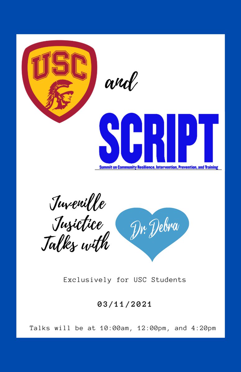 DebraWarnerPsyD's tweet photo. I am SO excited to be teaming up the #USC team to discuss #JuvenileJustice ! ππππ There is so much that needs to be done for this population and I know the students at USC will have a lot of insight. The first time meeting is 03/11/2021
#DrDebra #ListenAndLover #usctrojans https://t.co/QIk8I8i1e4