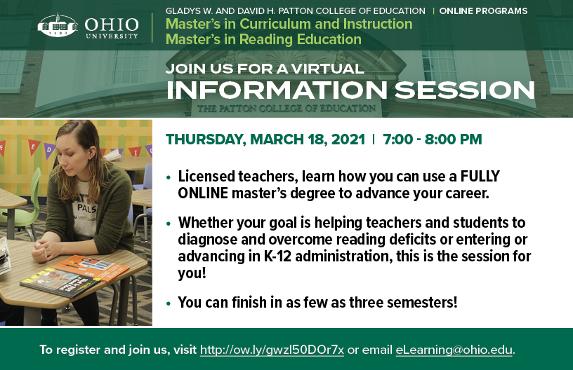 Teachers, are you thinking about @NBPTS certification? Why not earn a master's degree in curriculum and instruction while you prepare? Learn about our online C&I program at 7pm ET on March 18 - visit calendar.ohio.edu/event/Advanced… to register. #NBPTSStrong @OhioEA @OHEducation