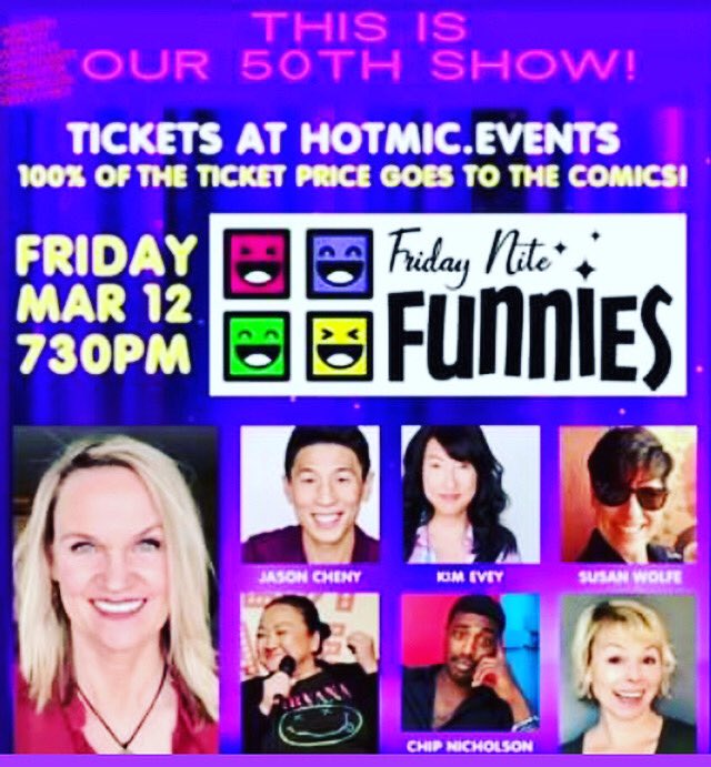 KeziaNorton's tweet photo. This is our 50th Show! Hurry Grab your tickets here at https://t.co/xGZ9lkMqce Host @linsuntv 
Headliner: #stephaniemchugh 
@jasoncheny @chipNicholson @kimevey and @KeziaNorton 
https://t.co/DL3kpKWjeH 💜💜💜🎤 @fridaynitefunnies @HotMicHost https://t.co/VsUe1t4g8L https://t.co/d1ExhIzvIK