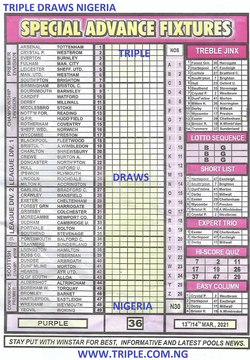 TRIPLEDRAWS's tweet image. WEEK-36 PURPLE UK FOOTBALL POOLS 2021 COUPON - Triple Fixed Matches | No. 1 reliable and secure bet tips Provider. triple.com.ng/index.php/fixe… via @TRIPLEDRAWS