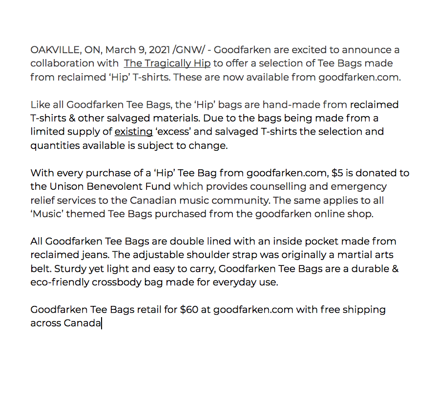 goodfarken's tweet photo. Goodfarken are excited to announce a collaboration with @thehipofficial to offer a selection of Tee Bags made from reclaimed ‘Hip’ T-shirts. These are now available from https://t.co/249ZNUv8Tw. #thetragicallyhip #goodfarkenbags #goodfarkencollab #teebags https://t.co/sCRQ6n4lu7