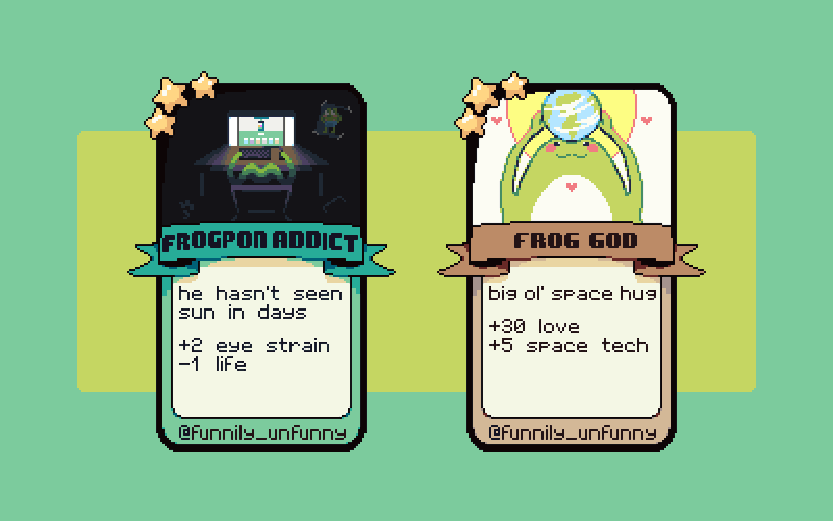 _slacky's tweet photo. Here are the two cards I made for the #frogpon collaboration! This was so much fun to be a part of 😄

#ドット絵  #aseprite #pixelart https://t.co/WZ7xhj85NK