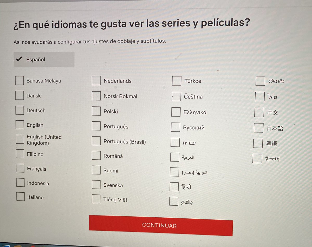 Netflix em pregunta en quin idioma m’agrada veure les pel•lícules. D’entre els més de 30 idiomes per triar, cap és el català. Som 10 milions de parlants en català, però les plataformes han decidit ignorar-nos. 
M’AGRADA VEURE LES PELIS EN CATALÀ, <a href="/NetflixES/">Netflix España</a>, EN LA MEVA LLENGUA