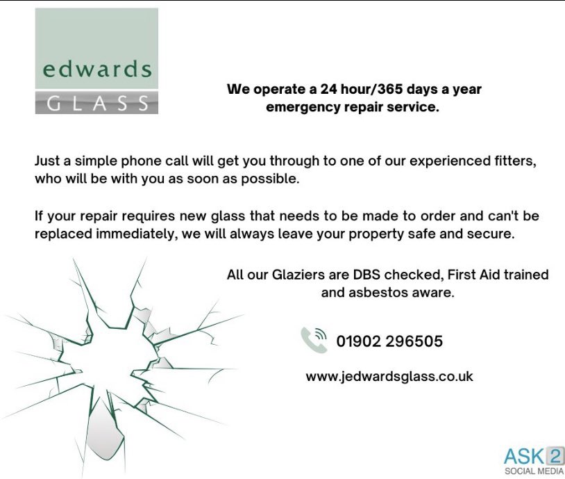 In the event of an emergency, you can be sure of our professional and skilled approach.  
01902 296505  jedwardsglass.co.uk

#EdwardsGlass #EmergencyRepair #24Hours #Repairs #RepairService  #BrokenGlass #GlassReplacement #Glass #BrokenWindow  #PropertyMaintenance
