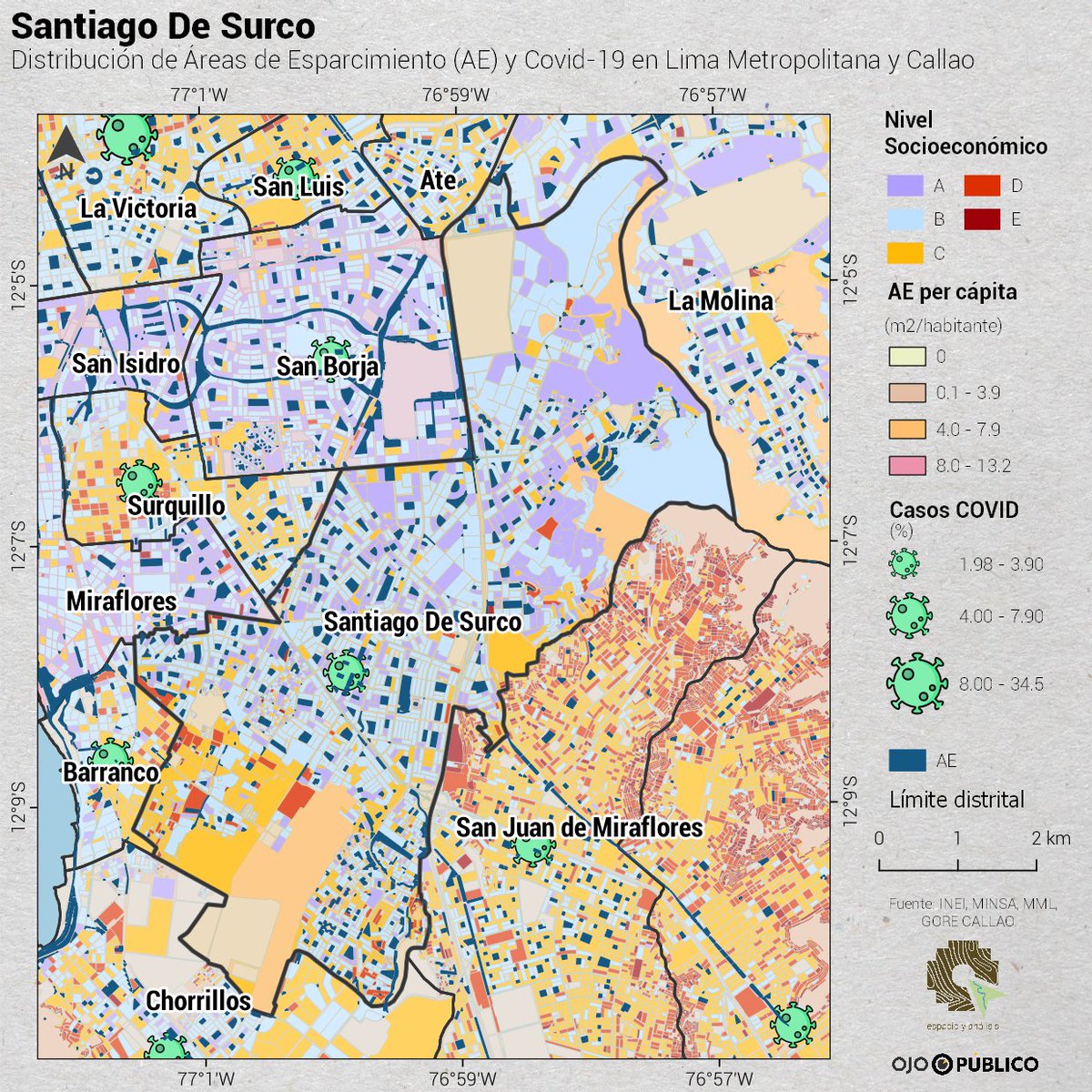 #UnAñoDePandemia😷 El distrito de Santiago De Surco tiene 5,06 m2 de áreas públicas de esparcimiento por habitante. Solo el 6,67 % de su territorio urbano corresponde a estas áreas. Conoce los mapas de tu distrito aquí 👇 bit.ly/OPCartografia