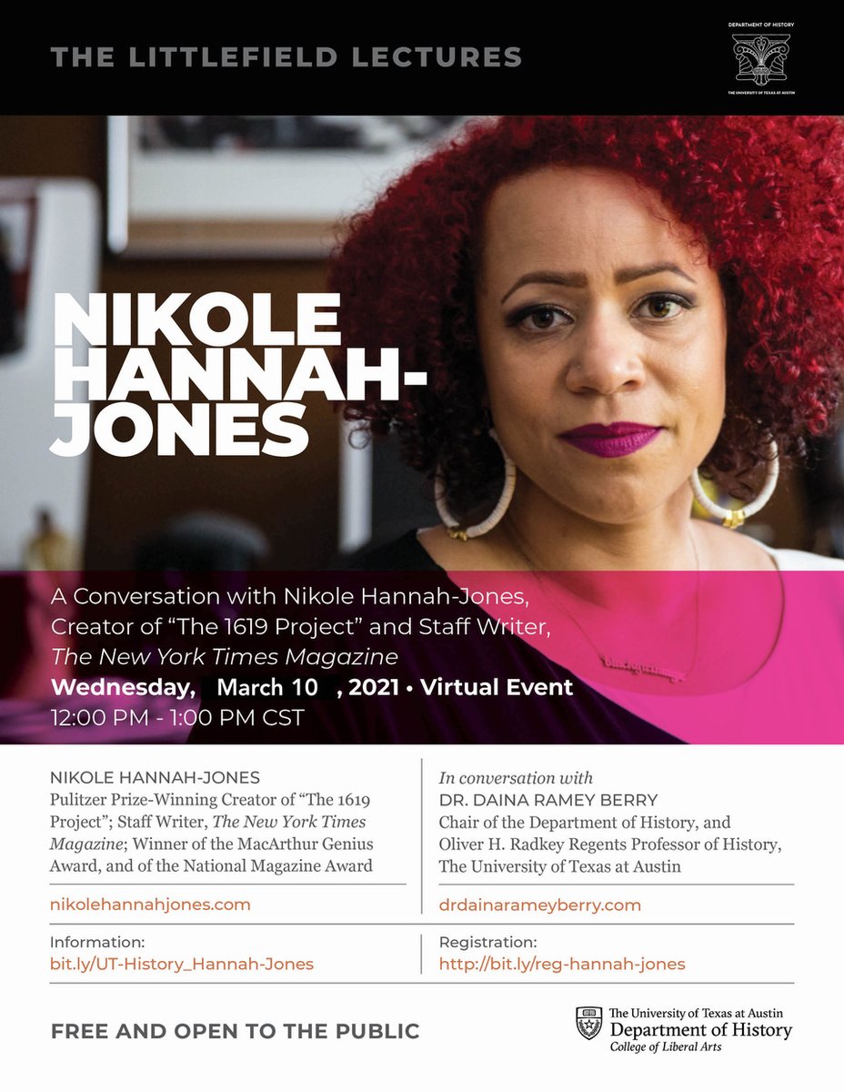 csrdut's tweet photo. Join CSRD Faculty Fellow @DainaRameyBerry tomorrow at 12pm CST as The Littlefield Lecture Series in the History dept presents @nhannahjones Pulitzer Prize-Winning Creator of #1619Project
Register @ https://t.co/YjW5RqhAxa
#uthistory
#csrdfellows https://t.co/CgqN9OI8LY
