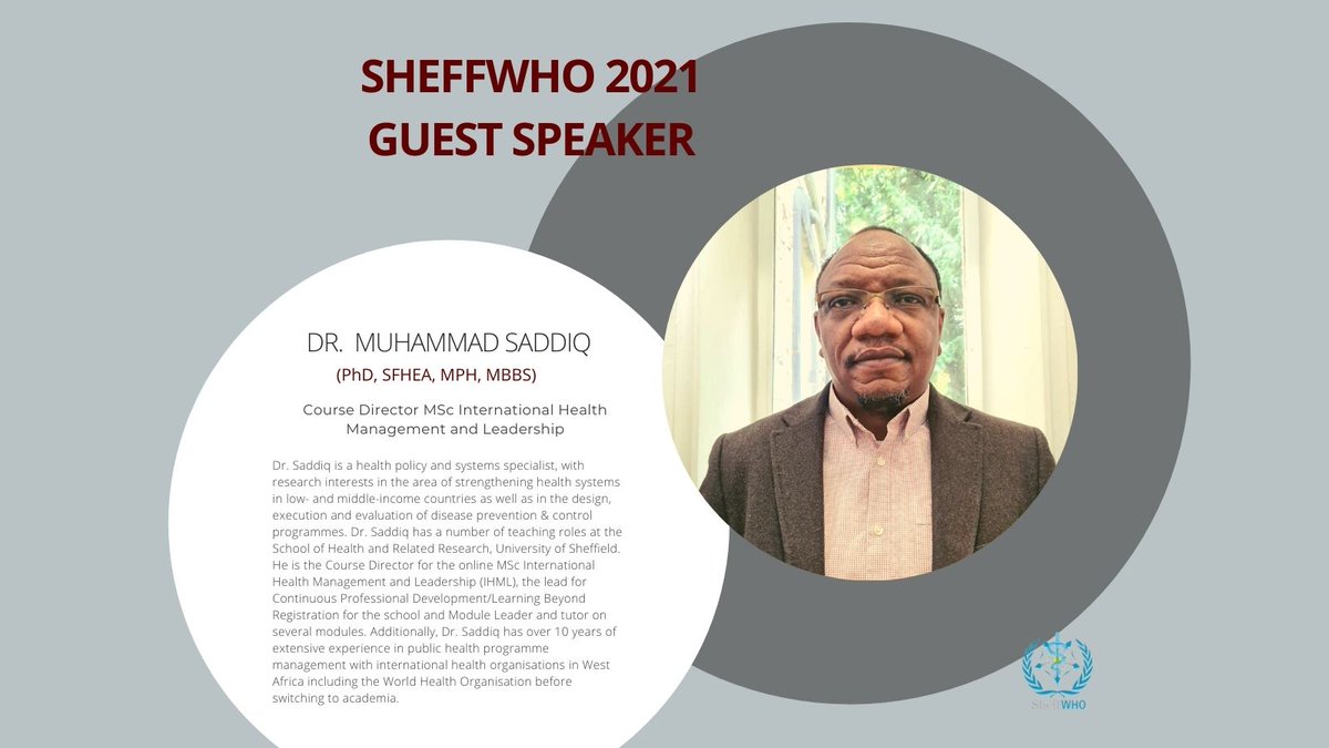 SheffWHO2022's tweet photo. ✨We are delighted to introduce our third guest speaker @misaddiq✨
Dr Saddiq is a #healthpolicy & systems specialist, a senior university teacher in #healthsystems and Course Director at @ScHARRSheffield @MPHOnlineScHARR @ScHARRpubhealth
We are excited to have him at #SheffWHO https://t.co/tnRr1Y41ac