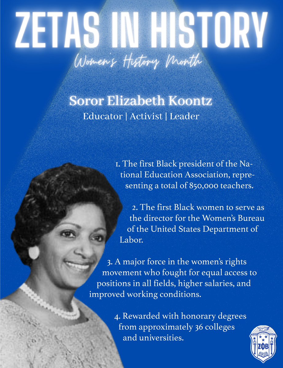 DukeZetas's tweet image. For Women’s History Month 2021, we are highlighting a few of the many Finer Women that have made history. First up is Soror Elizabeth Koontz!