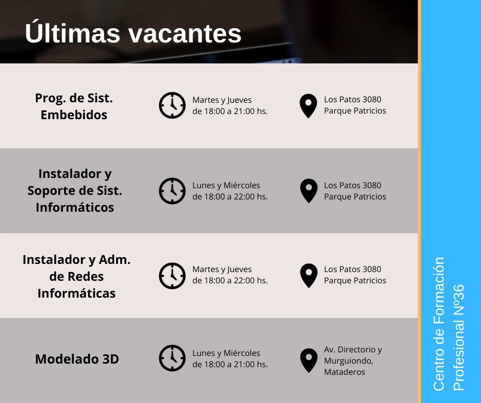 CFP36CABA's tweet photo. Inscripción 2021 - Últimas vacantes
- Curso Programación de Sistemas Embebidos
- Trayecto Instalador y Administrador de Redes Informáticas
- Trayecto Instalador y Soporte de Sistemas Informáticos
- Curso Modelado 3D
Pre-inscribite en: https://t.co/WREKznjrsU https://t.co/RuOXWdt6Hf