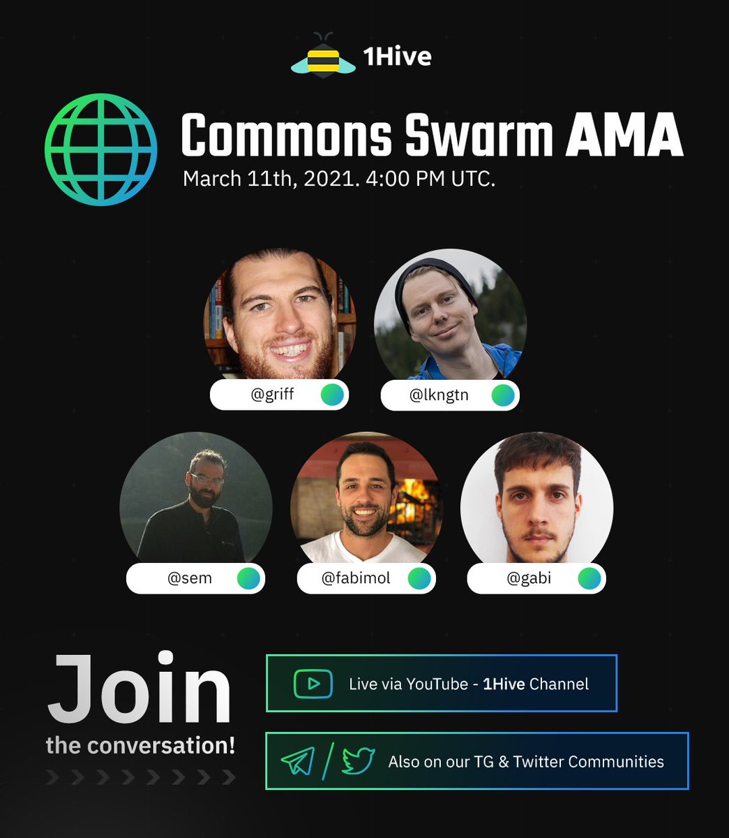 📢• Join us in a special event for 1hive: The Commons Swarm is having an AMA this Thursday, March 11th. 

✊• Come and learn how this part of 1hive is innovating in how DAOs organize and raise funds for their projects.
