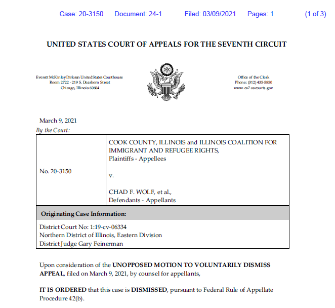 ReichlinMelnick's tweet photo. The 7th Circuit just dismissed the appeal of the public charge ruling that vacated the rule, and let the mandate issue. That means the lower court's decision goes into place immediately.

That is officially it! The public charge rule is dead and gone. 🎊 https://t.co/FnrpUSEAz8