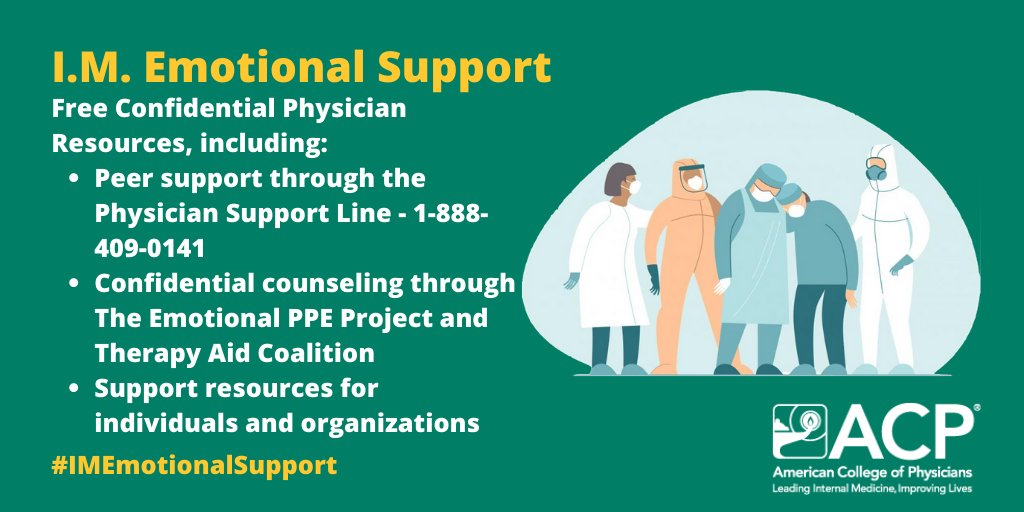 ACPIMPhysicians's tweet photo. Practice #selfcare &amp; encourage others to do so. Access 🆓 confidential physician resources at ACP's #IMEmotionalSupport Hub https://t.co/KVQCr0TtJ7 including:
🔸Peer support @PhysicianLine
🔸Confidential counseling @EmotionalPPE @TherapyAidInc
🔸Additional resources with #CME https://t.co/qkxF073gIe