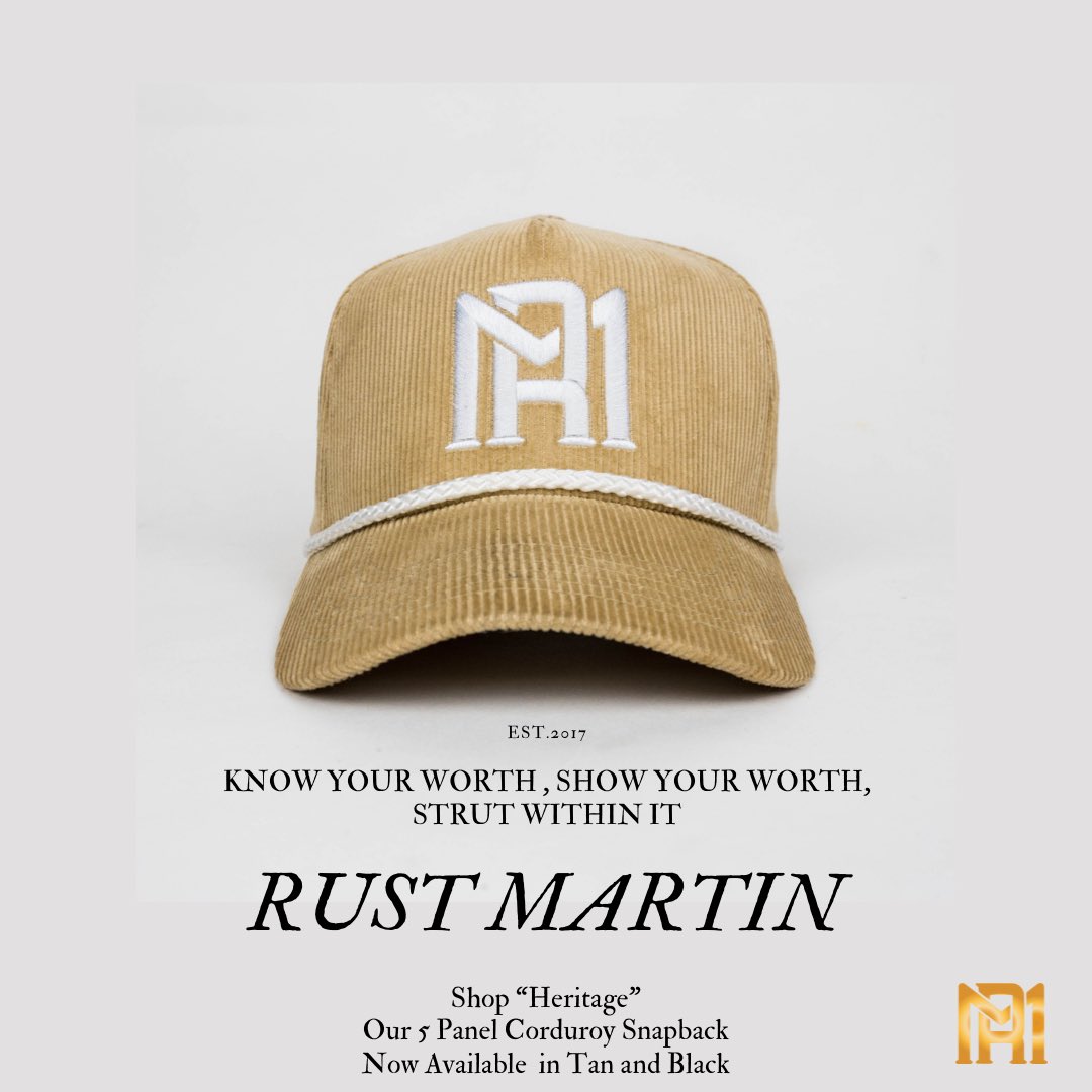 RustMartin1's tweet photo. Shop “Heritage” 
Our 5 Panel Corduroy Snapback 
Now Available in Tan and Black
https://t.co/IPflQoWNUf
An Everyday hat for Everyone, inspired by our Love of Corduroy, hats, and style. Featuring our signature RM monogram logo, darted front panel and SnapBack closure. https://t.co/25pBRSj6XM