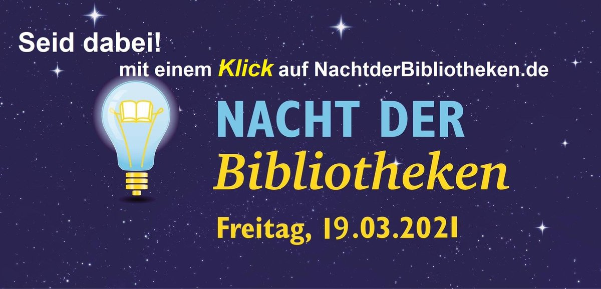 bibnacht's tweet photo. Seid dabei! Die “Nacht der Bibliotheken” findet am 19. März digital statt! Mit einem klick auf https://t.co/9AFVWhRXVd! #bibnacht #mitmischen https://t.co/GJB45CoQRf