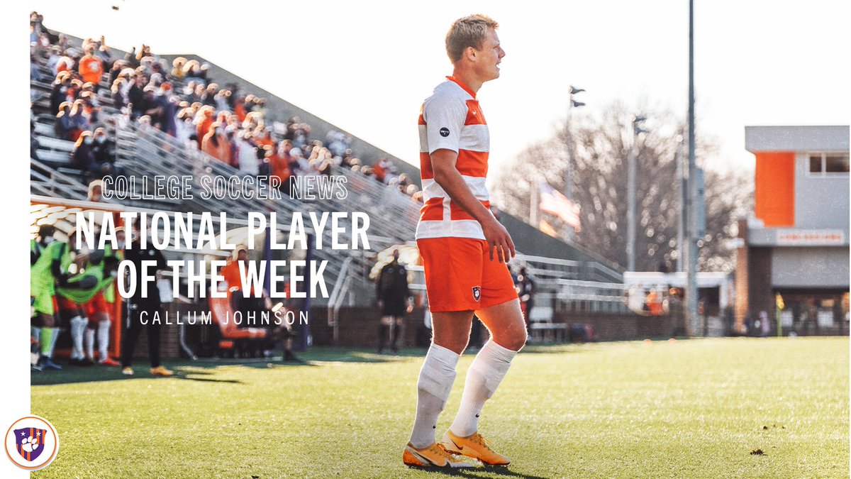 ClemsonMSoccer's tweet photo. It's been quite a day for Callum Johnson! 👏😎

🟠 @csoccernews National Player of the Week
⚪️ @csoccernews Team of the Week
🟠 @TopDrawerSoccer Team of the Week

#ClemsonUnited 🧡💜 https://t.co/Rh0jno8wub