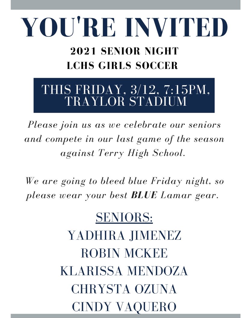 Hey you! Yes, you! Senior night is THIS Friday night! Come out and celebrate with us!
