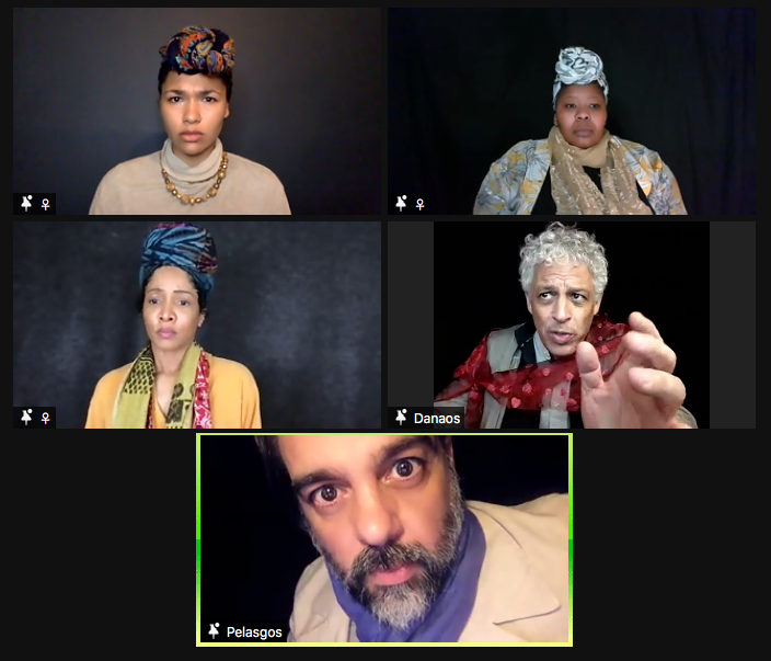 Just a few Zoom snapshots from last Friday's performance of Aeschylus's "The Suppliants" by <a href="/wordsofchaos/">Out of Chaos</a> actors <a href="/ArgyXafis/">Argy Xafis</a> @TashaGigi @NoreeVictoria <a href="/DavidRubinActor/">DAVID RUBIN</a>, Evelyn Miller and Nectarios Theodorou, directed by <a href="/TheOMahony/">Paul O'Mahony</a>. Thank you all!