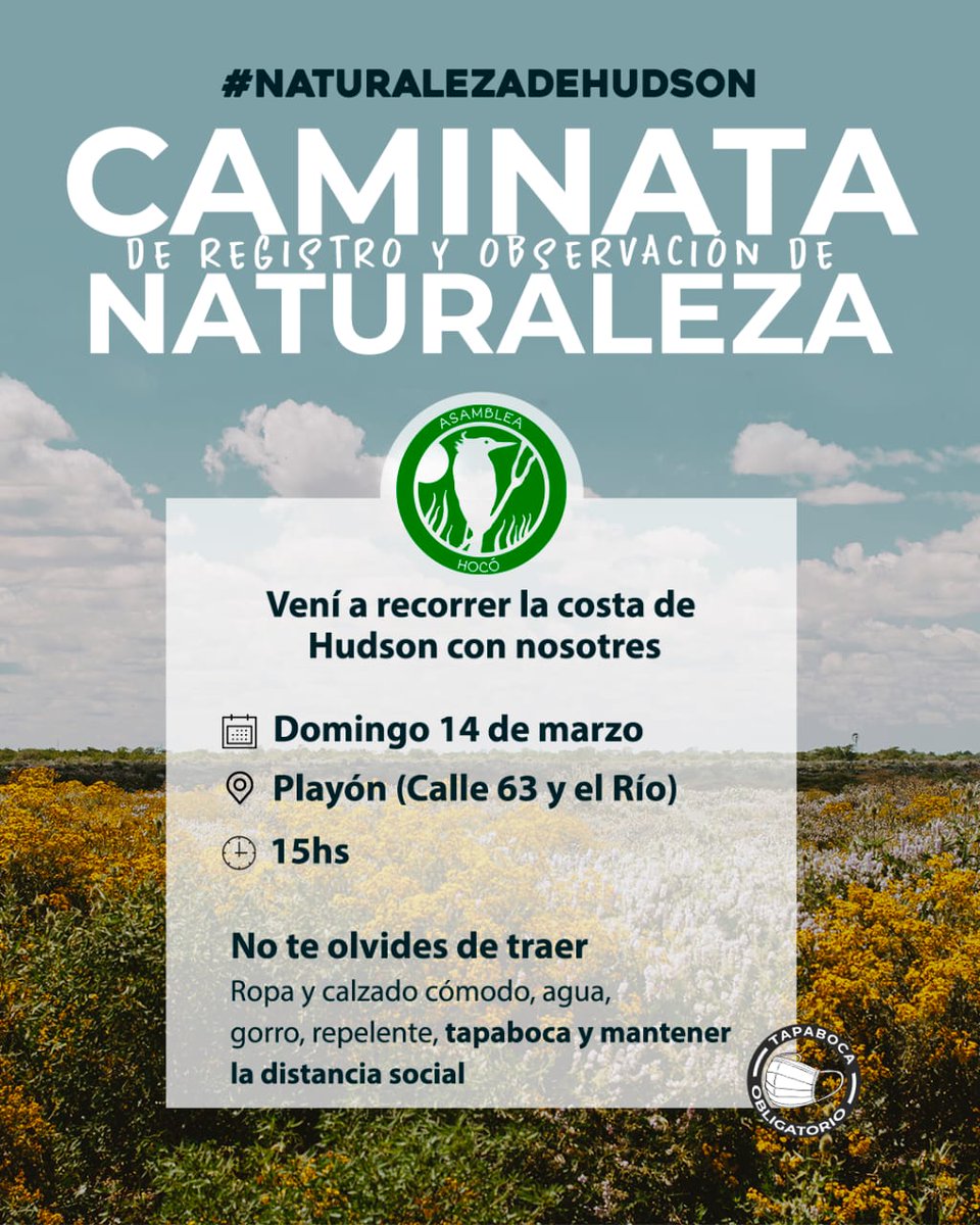 HudsonHumedales's tweet photo. ¡Seguimos registrando la #NaturalezaDeHudson juntes! Para eso, el próximo domingo realizaremos una caminata de registro y observación de naturaleza en la costa de Hudson.
#reservanaturalya
#NaturalezaDeHudson
#leydehumedalesYA
#HudsonHumedales
#AsambleaHoco https://t.co/DZlO6udbte