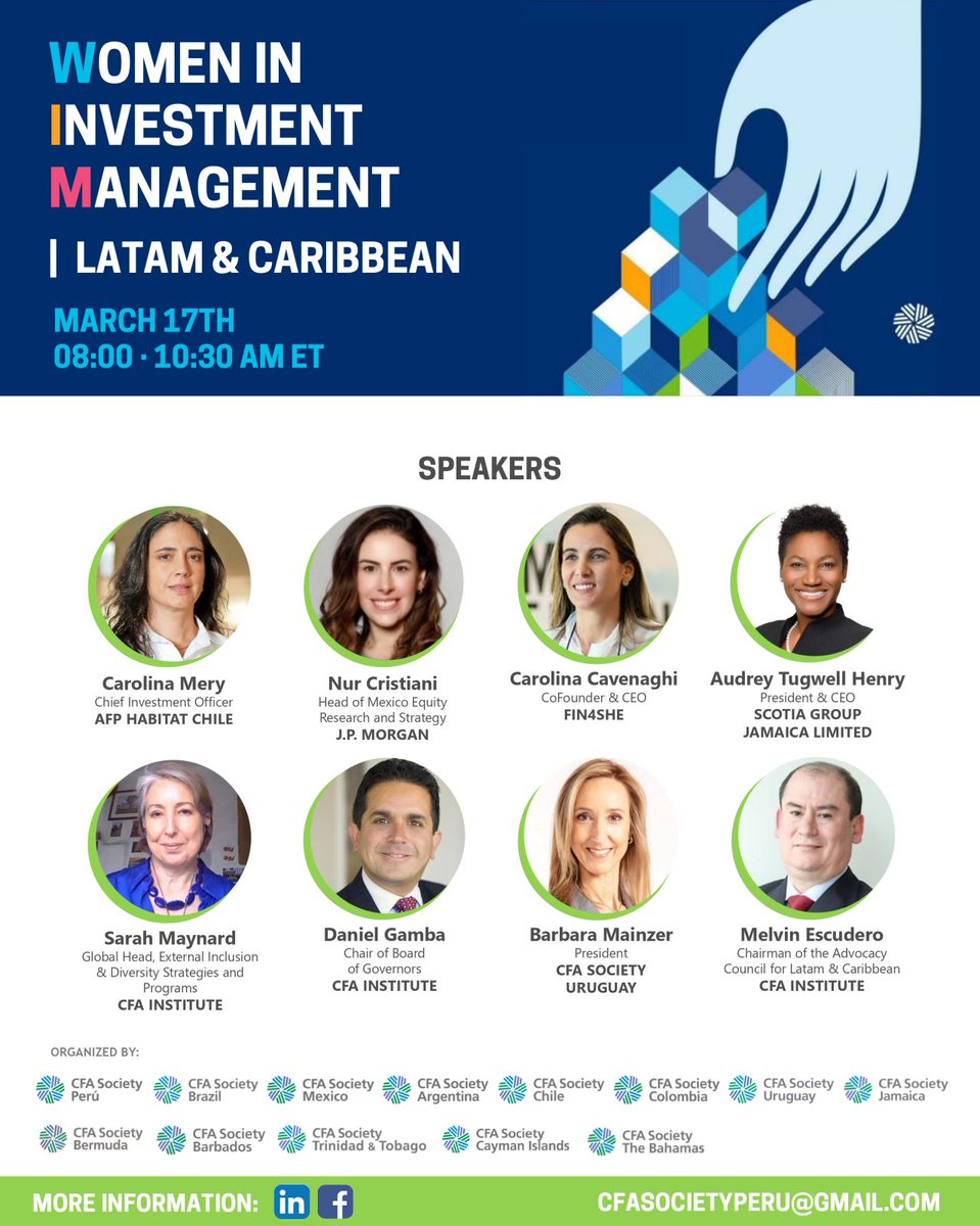 O #Webinar organizado pela <a href="/CFASocietyPeru/">CFA Society Peru</a>, "Women in Investment Management Latam &amp; Caribbean" dia 17/03, às 10h (BRT), contará com a presença de inspiradoras mulheres investidoras da América Latina e Caribe, e representantes do <a href="/CFAinstitute/">CFA Institute</a> 

Participe! bit.ly/3rxIe8Y